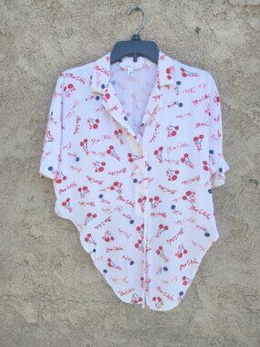 Popsugar Shirt Women S White Cherry All Over Print Button Tie waist Collared Cro